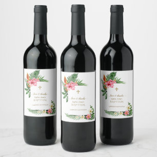 Lush Tropical Garden Flowers Bloom Girl Baptism Wine Label