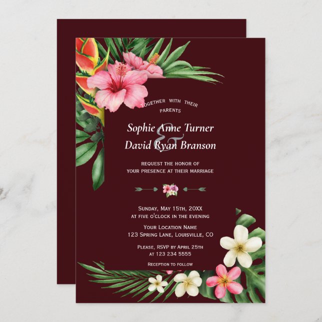 Lush Tropical Garden Flowers Deep Burgundy Wedding Invitation (Front/Back)