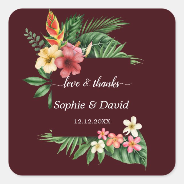 Lush Tropical Garden Flowers Deep Burgundy Wedding Square Sticker (Front)