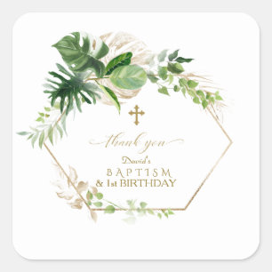 Lush Tropical Gold Leaves 1st Birthday & Baptism Square Sticker