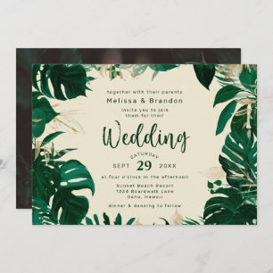 Lush Tropical Greenery and Gold Horizontal Wedding Invitation