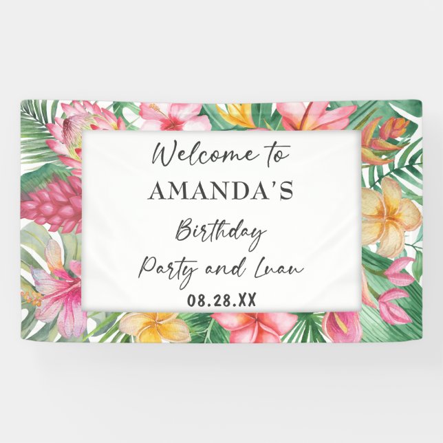 Lush Tropical Greenery Floral Birthday Party Luau  Banner (Horizontal)
