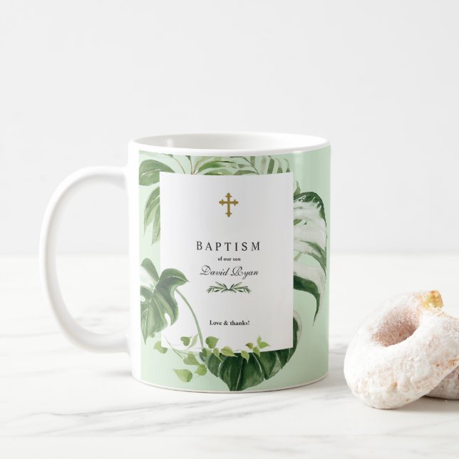 Lush Tropical Greenery Gold Cross Boy Baptism Coffee Mug (With Donut)