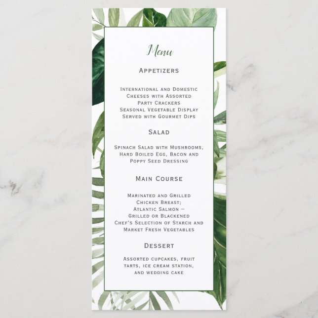 Lush Tropical Greenery Wedding Menu (Front)