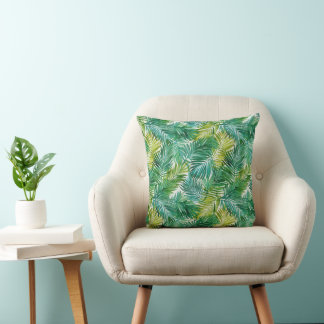 Lush Tropical Island Green Palm Leaf Watercolor Cushion