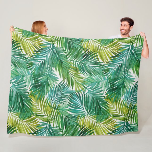 Lush Tropical Island Green Palm Leaf Watercolor  Fleece Blanket (In Situ)