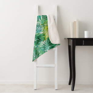 Lush Tropical Island Green Palm Leaf Watercolor  Sherpa Blanket