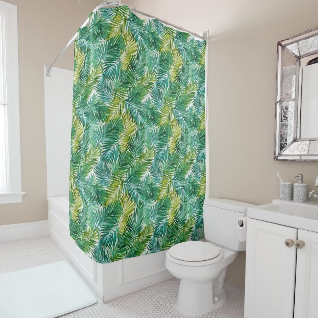 Lush Tropical Island Green Palm Leaf Watercolor  Shower Curtain (In Situ)