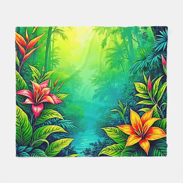 Lush Tropical Jungle Oasis Design Fleece Blanket (Front (Horizontal))