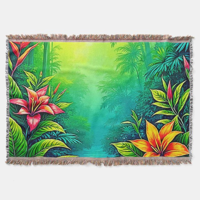 Lush Tropical Jungle Oasis Design Throw Blanket (Front)