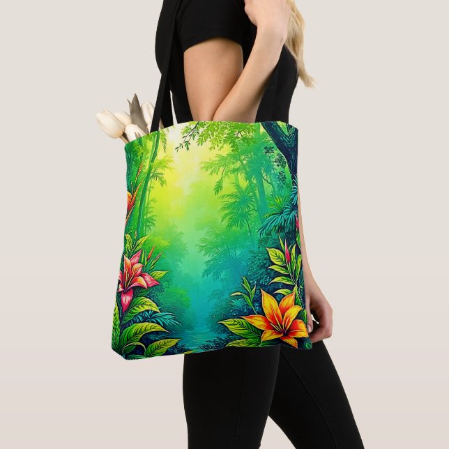 Lush Tropical Jungle Oasis Design Tote Bag (Close Up)