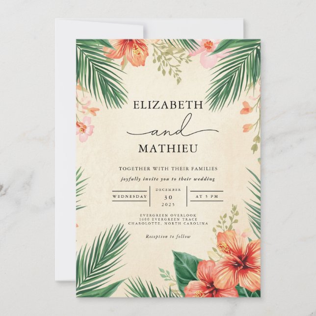 Lush Tropical Leaf Bloom Wedding Invitation (Front)