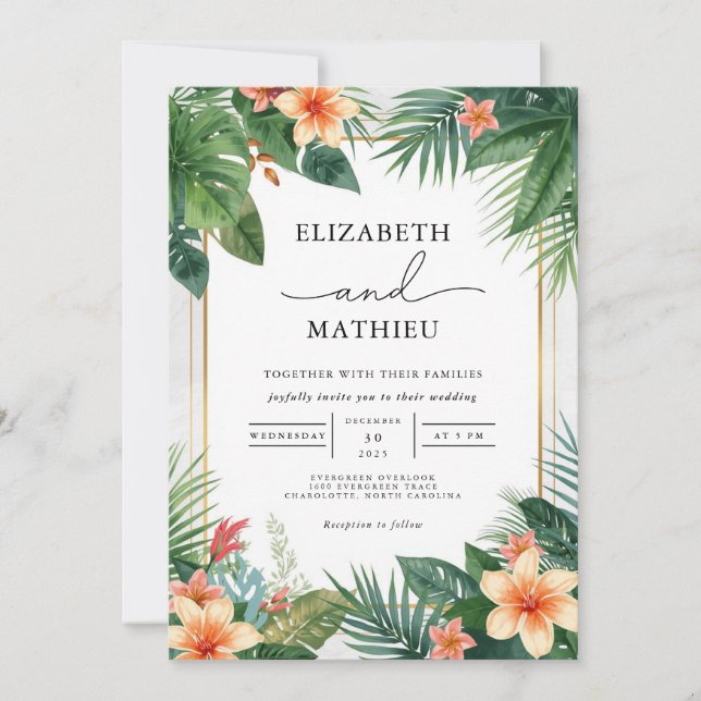 Lush Tropical Leaf Flourish Wedding Invitation (Front)