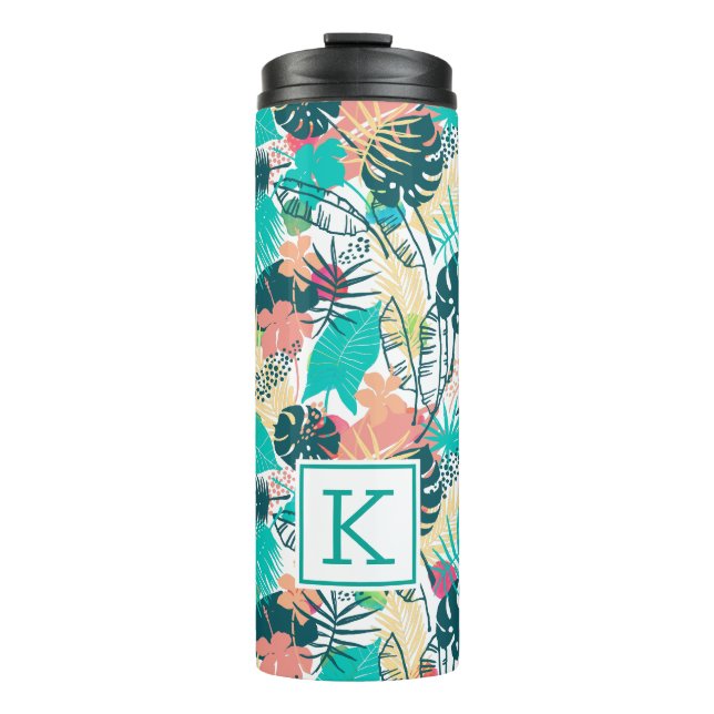 Lush tropical leaves collage monogram thermal tumbler (Front)