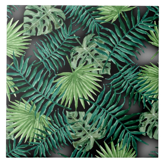 Lush tropical leaves, forest green,  tile (Front)