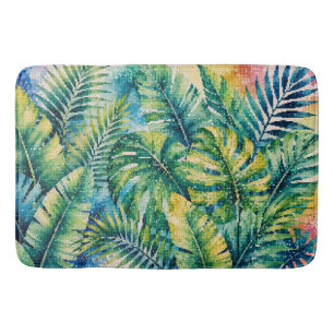 Lush Tropical Leaves Geometric Style Botanical Art Bath Mat