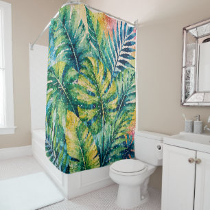 Lush Tropical Leaves Geometric Style Botanical Art Shower Curtain