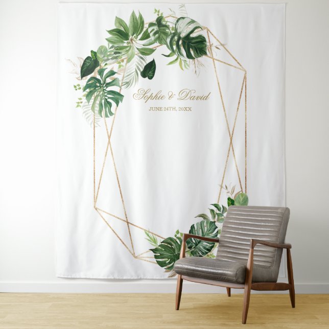 Lush Tropical Leaves Gold Frame Wedding Prop Tapestry (In Situ)