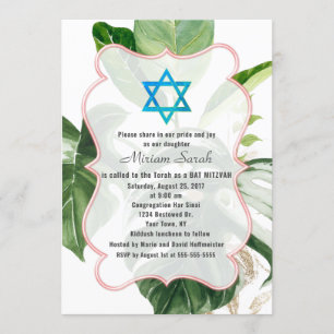 Lush Tropical Leaves Star of David Bat Mitzvah Invitation