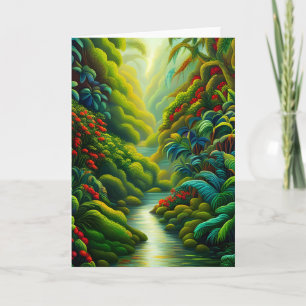 Lush Tropical Rainforest with Flowers and Stream Card