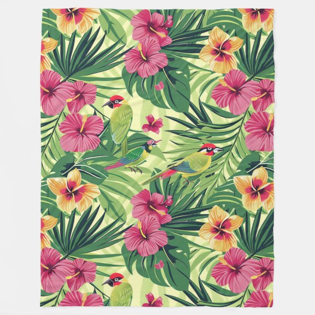 Lush Tropical Summer Florals Fleece Blanket (Front)