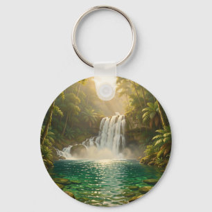 Lush Tropical Waterfall Jungle Paradise Key Ring