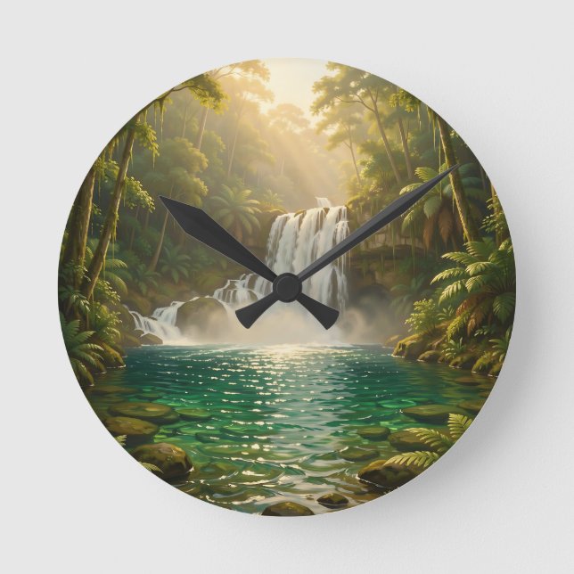 Lush Tropical Waterfall Jungle Paradise Round Clock (Front)