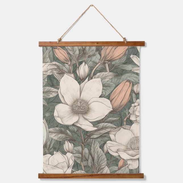 Lush Vintage Magnolia Floral Botanical Hanging Tapestry (Front)