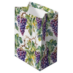 Lush Watercolor Purple Grape Vine Pattern Medium Gift Bag