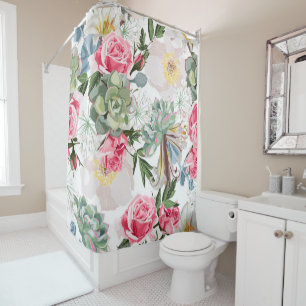 Lush Watercolor Roses and Succulent Floral Pattern Shower Curtain