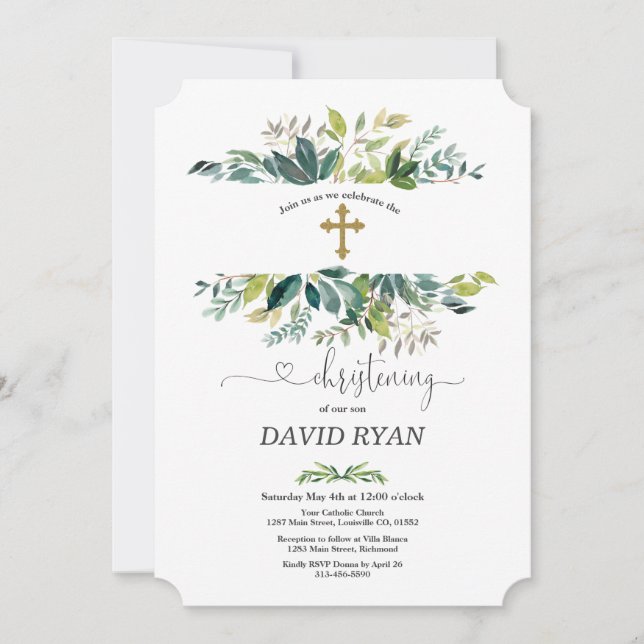 Lush Watercolour Foliage Frame Gold Christening Invitation (Front)
