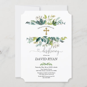 Lush Watercolour Foliage Frame Gold Christening Invitation