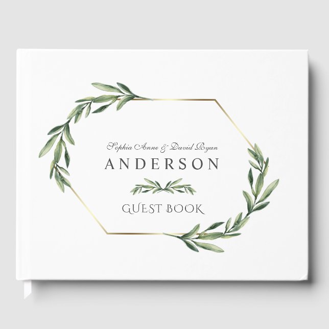 Lush Watercolour Greenery Geometric Wedding Guest Book (Front)