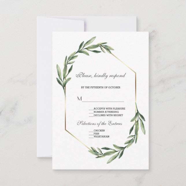 Lush Watercolour Greenery Geometric Wedding RSVP Card (Front)