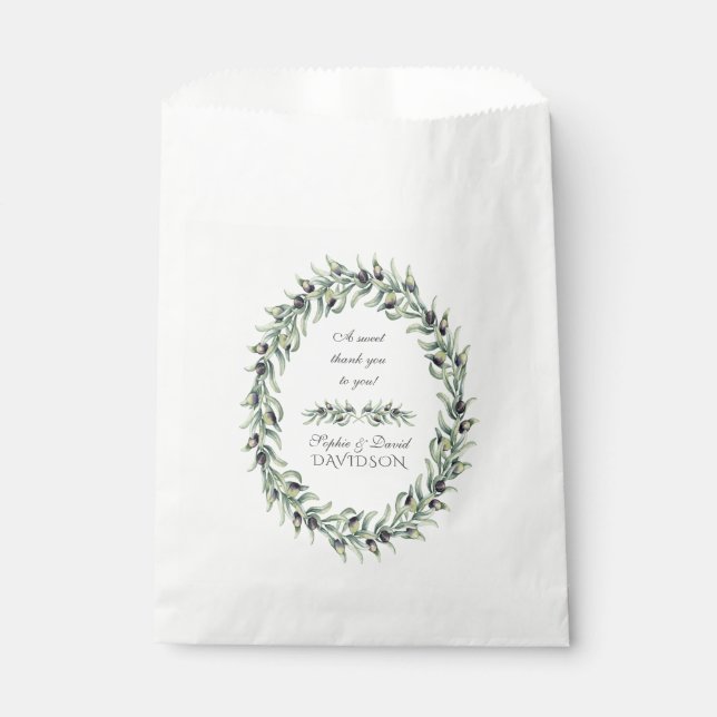 Lush Watercolour Olive Branches Wreath Wedding Favour Bags (Front)