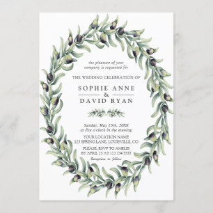 Lush Watercolour Olive Branches Wreath Wedding Invitation