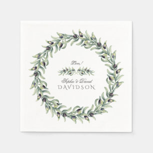 Lush Watercolour Olive Branches Wreath Wedding Napkin