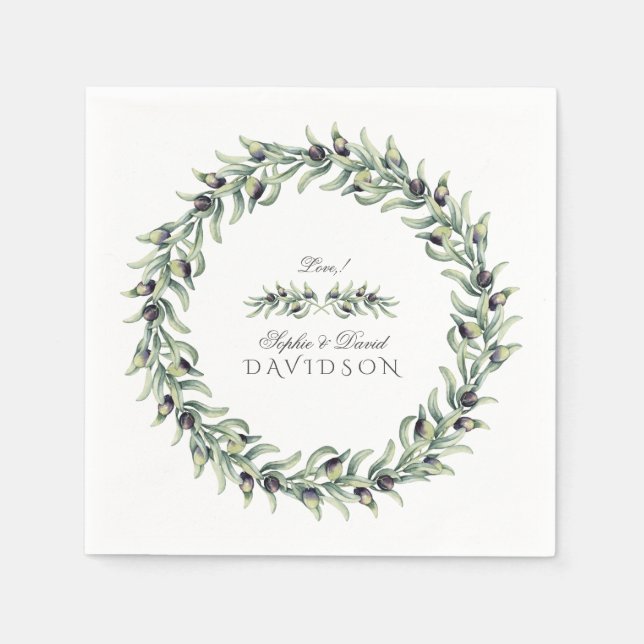 Lush Watercolour Olive Branches Wreath Wedding Napkin (Front)