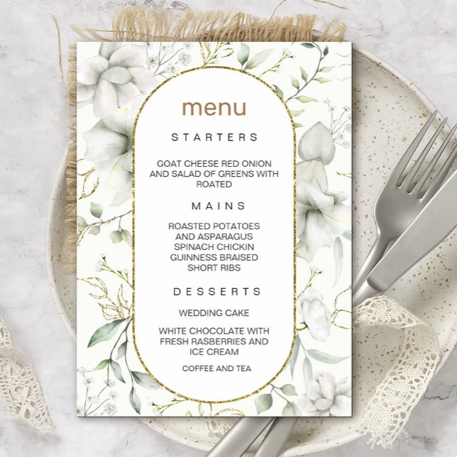 Lush White Flowers and Gold Leaves Menu Invitation (An elegant invitation that combines the simplicity of white flowers with the allure of gold #dinner)