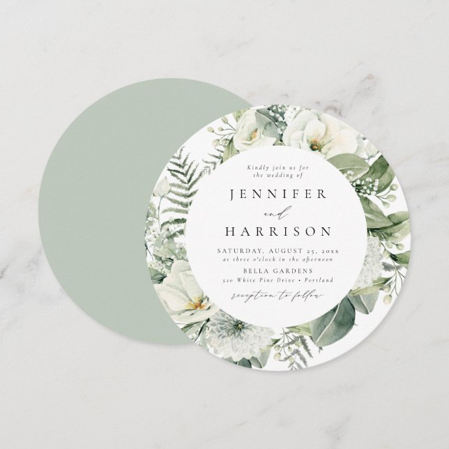Lush White Flowers and Greenery Circle Wedding Invitation (Front/Back)