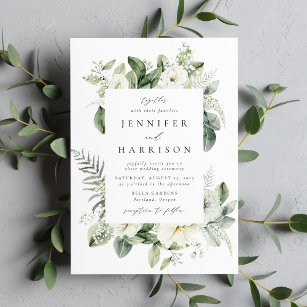 Lush White Flowers and Greenery Frame Invitation