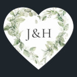 Lush White Flowers and Greenery Monogram Wedding Heart Sticker<br><div class="desc">Seal your wedding invitation envelopes or favours with our elegant floral wedding stickers featuring your monogram initials surrounded by a heart-shaped wreath of painted white gardenia flowers, sprigs of baby's breath, dahlias, sage green fern leaves, and vibrant green leaves. Designed to coordinate with our Lush White Flowers and Greenery collection....</div>