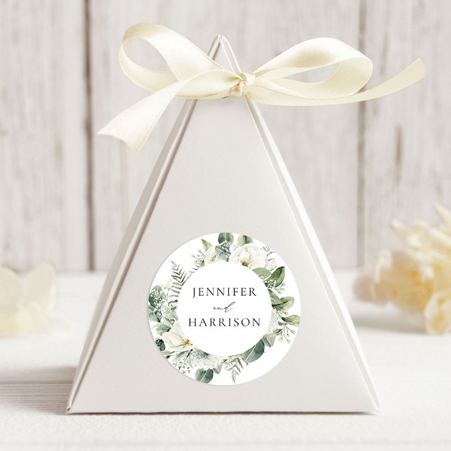 Lush White Flowers and Greenery Wedding Classic Round Sticker (Creator Uploaded)