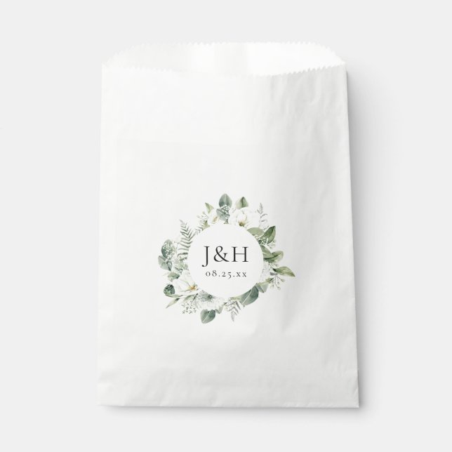 Lush White Flowers and Greenery Wedding Monogram Favour Bags (Front)