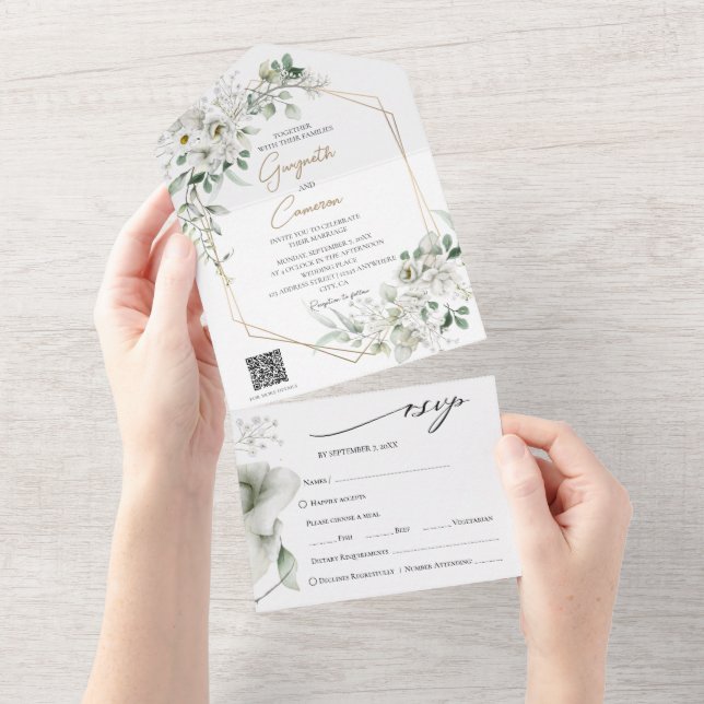 Lush White Flowers QR code All in One  Invitation (Tearaway)