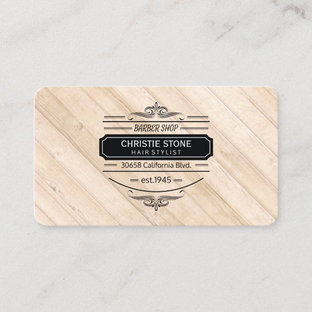Lush White Leather Wood Trim Retro Label Barber Business Card (Front)
