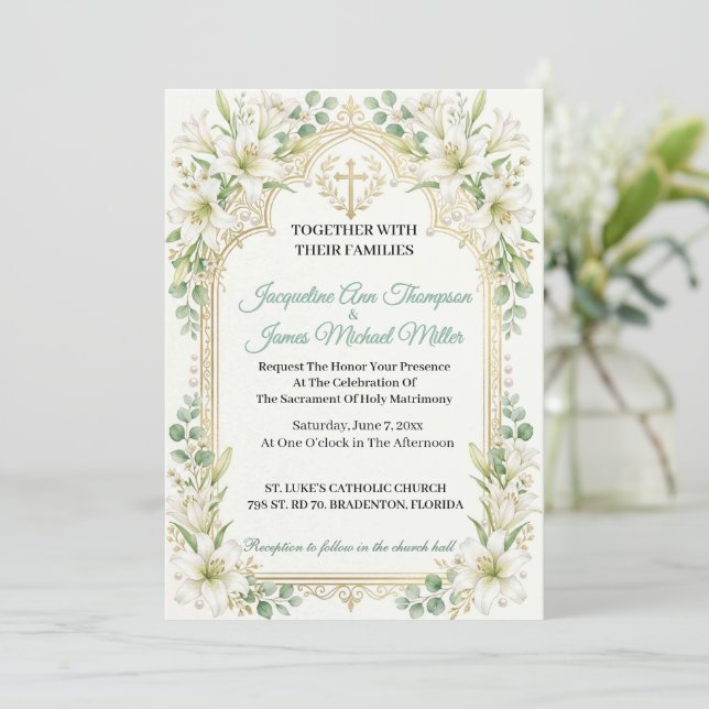 Lush White Lilies Wedding Invitation (Standing Front)