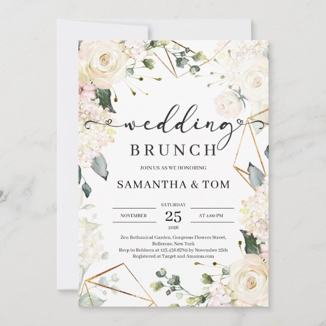 Lush white roses green eucalyptus wedding brunch invitation (Front)