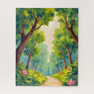 Lush Wood Stroll Green Nature Watercolor Jigsaw Puzzle