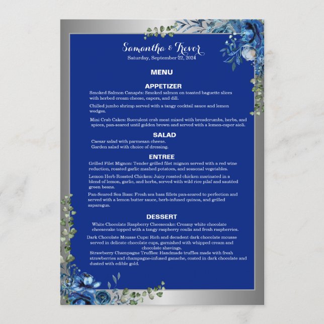 Lustrous Silver, Blue Azure Dreams Dinner Menu (Front)